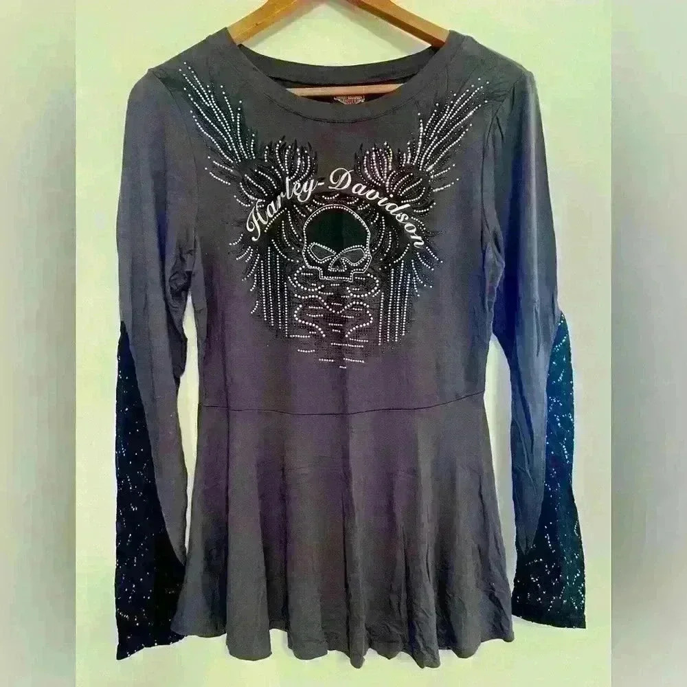 Harley Davidson Long Sleeve Darg Gray Dressy Shirt Bling Willy G Skull Size L